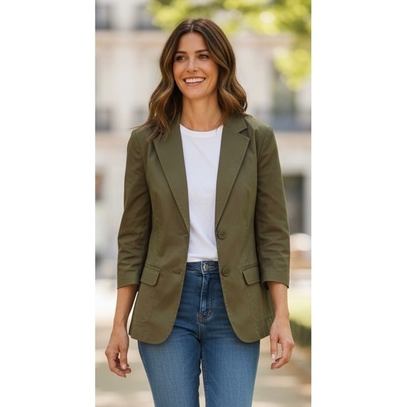 Liz Claiborne Jackets & Blazers - Liz Claiborne Womens Olive Green Cotton Stretch 2 Button 3/4 Sleeve Blazer 14